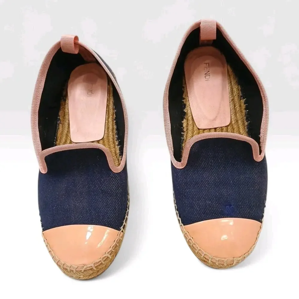 Fendi Junia Espadrilles Sz 38 Blue Denim Pink Patent Leather Cap Toe Summer Flat